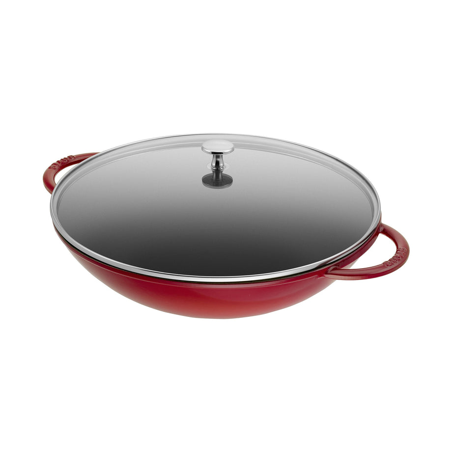 STAUB Specialities 37 cm / 14.5 inch Cast Iron Wok With Glass Lid, Cherry