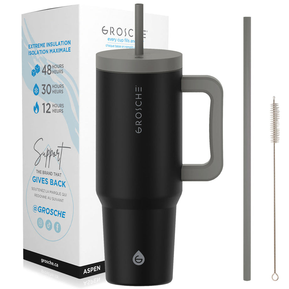 Grosche ASPEN Insulated Tumbler with Handle and Straw, 40oz - Graphite Black