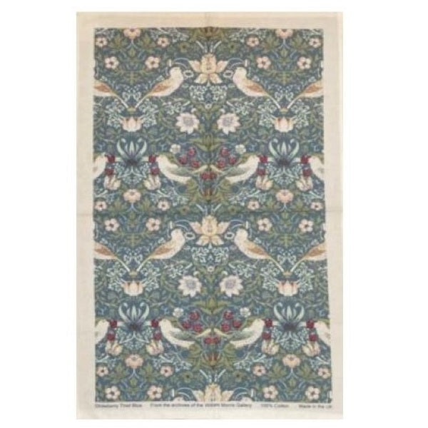 William Morris Cotton Tea Towel - Strawberry Thief / Blue