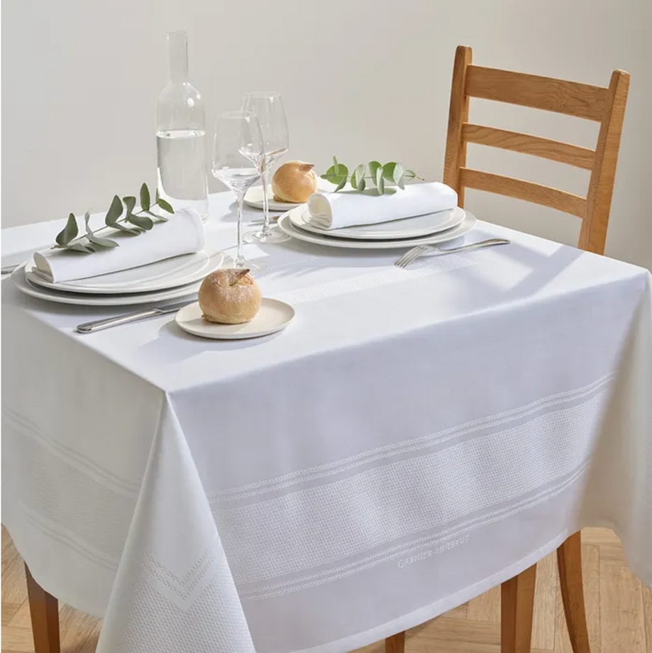 Garnier-Thiebaut Jacquard Tablecloth - Signature White Stain-Resistant Cotton 61 X 142"